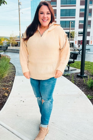 The Perfect Day Oatmeal Notched Neck Contrast Stitch Knit Hoodie - Coeur de la Mode