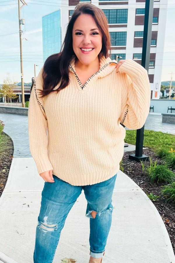 The Perfect Day Oatmeal Notched Neck Contrast Stitch Knit Hoodie - Coeur de la Mode