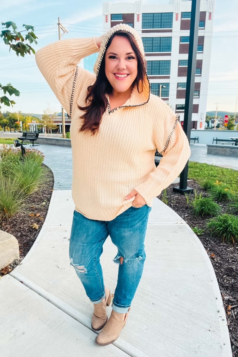 The Perfect Day Oatmeal Notched Neck Contrast Stitch Knit Hoodie - Coeur de la Mode