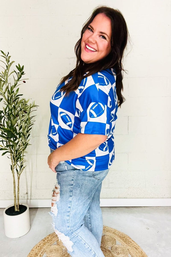 Turn Up The Volume Blue Football Checker Print Top - Coeur de la Mode