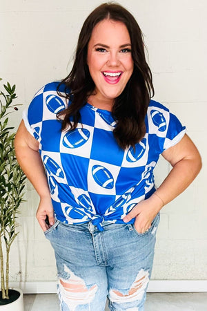 Turn Up The Volume Blue Football Checker Print Top - Coeur de la Mode