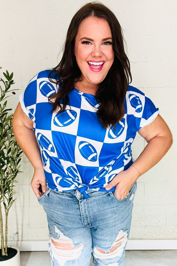 Turn Up The Volume Blue Football Checker Print Top - Coeur de la Mode