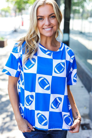 Turn Up The Volume Blue Football Checker Print Top - Coeur de la Mode