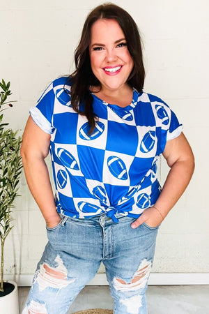 Turn Up The Volume Blue Football Checker Print Top - Coeur de la Mode