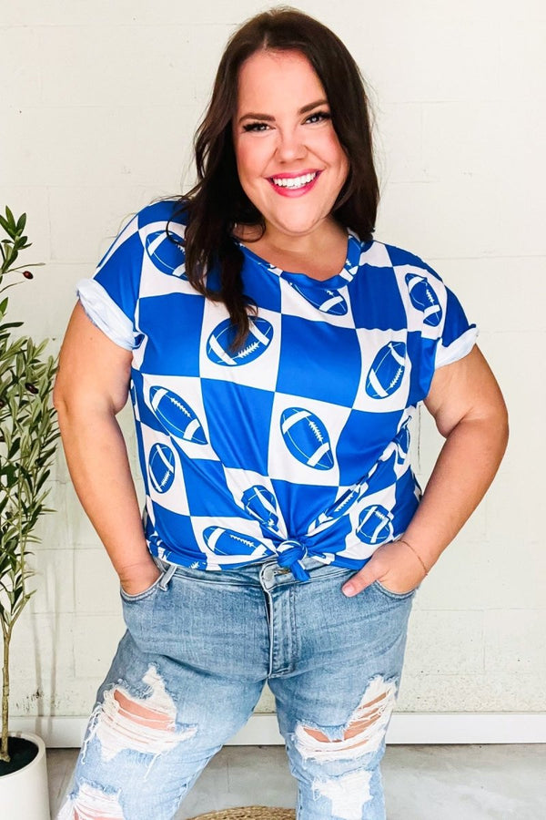 Turn Up The Volume Blue Football Checker Print Top - Coeur de la Mode
