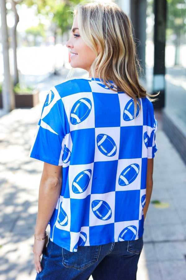 Turn Up The Volume Blue Football Checker Print Top - Coeur de la Mode