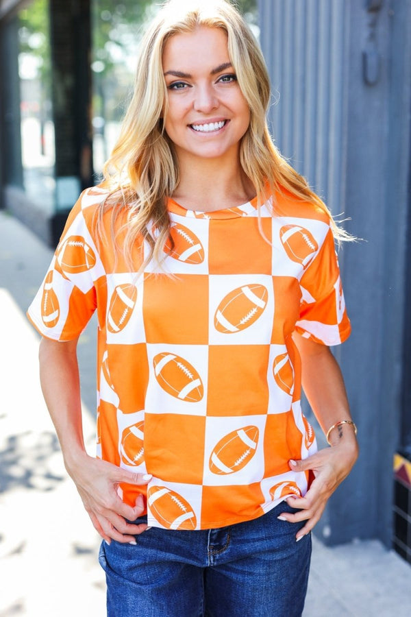 Turn Up The Volume Orange Football Checker Top - Coeur de la Mode