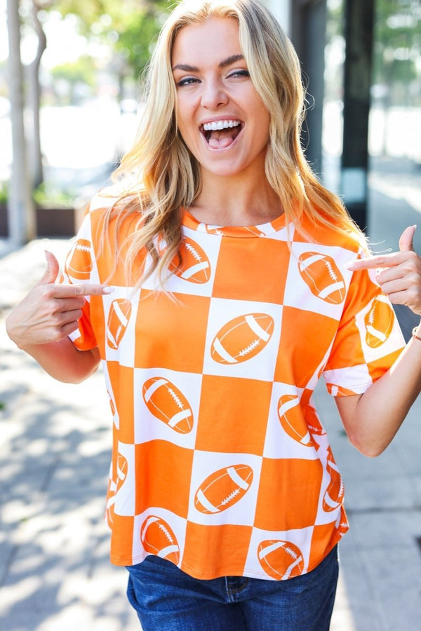 Turn Up The Volume Orange Football Checker Top - Coeur de la Mode