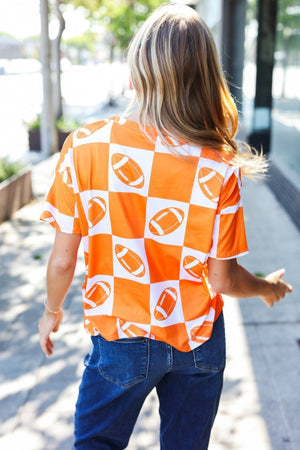 Turn Up The Volume Orange Football Checker Top - Coeur de la Mode