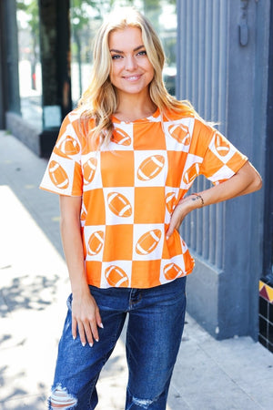 Turn Up The Volume Orange Football Checker Top - Coeur de la Mode