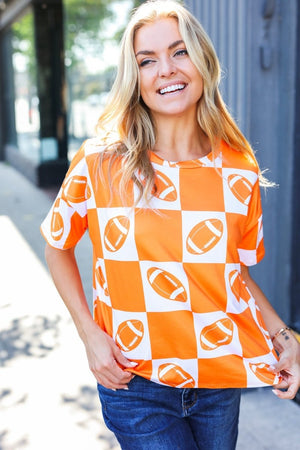 Turn Up The Volume Orange Football Checker Top - Coeur de la Mode