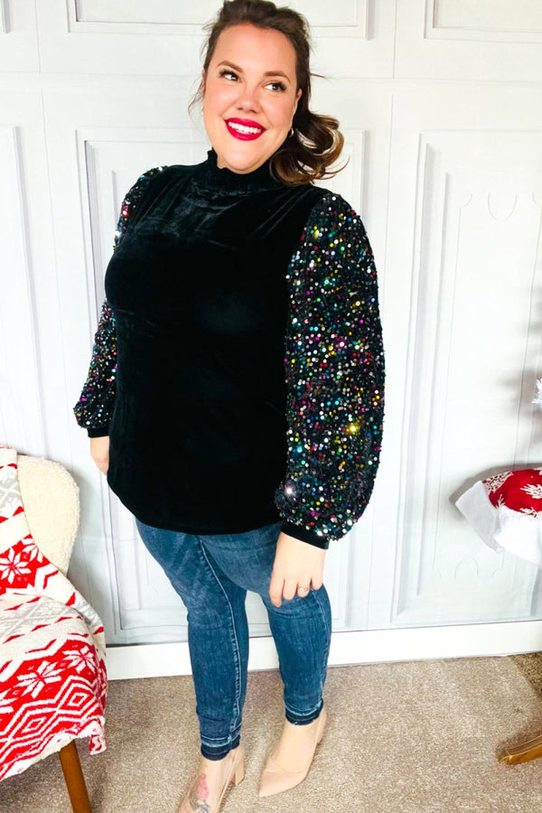 Under the Lights Green Velvet & Sequin Frill Mock Neck Top - Coeur de la Mode