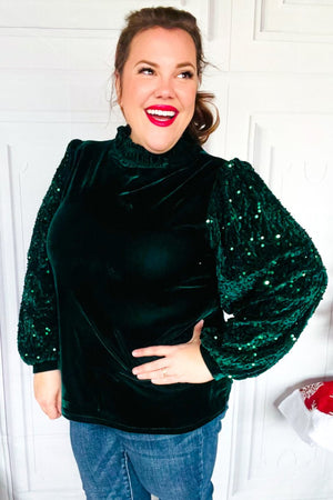 Under the Lights Green Velvet & Sequin Frill Mock Neck Top - Coeur de la Mode