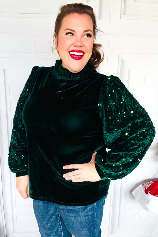 Under the Lights Green Velvet & Sequin Frill Mock Neck Top - Coeur de la Mode