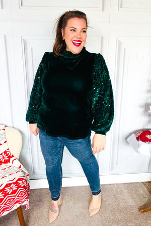 Under the Lights Green Velvet & Sequin Frill Mock Neck Top - Coeur de la Mode