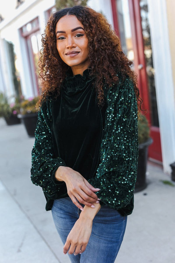 Under the Lights Green Velvet & Sequin Frill Mock Neck Top - Coeur de la Mode