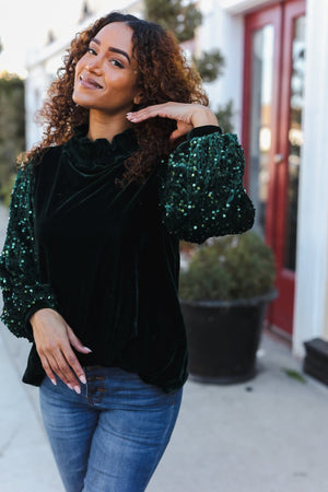 Under the Lights Green Velvet & Sequin Frill Mock Neck Top - Coeur de la Mode