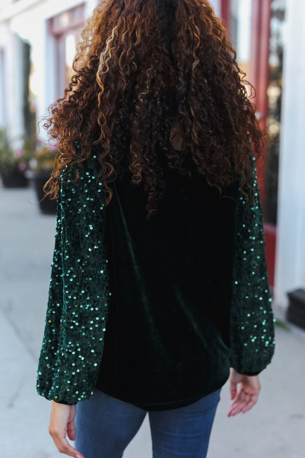 Under the Lights Green Velvet & Sequin Frill Mock Neck Top - Coeur de la Mode