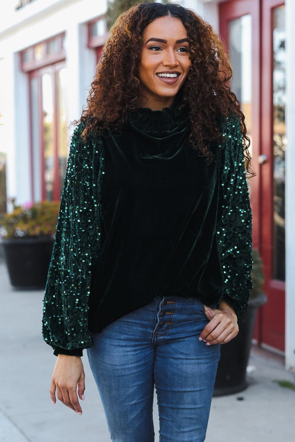 Under the Lights Green Velvet & Sequin Frill Mock Neck Top - Coeur de la Mode