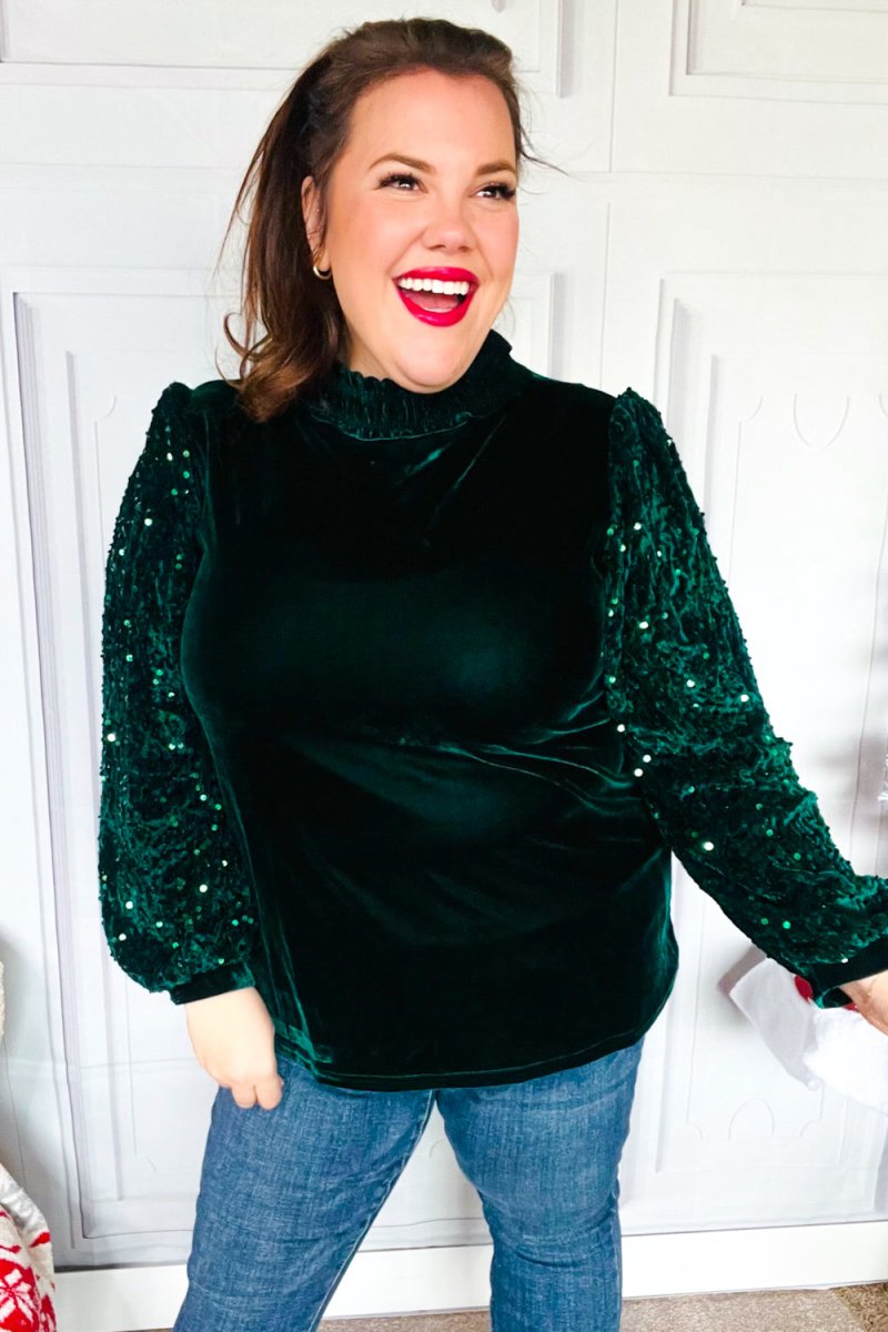 Under the Lights Green Velvet & Sequin Frill Mock Neck Top - Coeur de la Mode