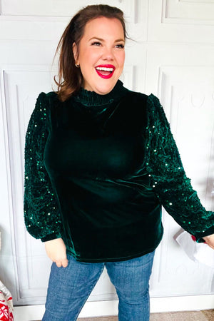 Under the Lights Green Velvet & Sequin Frill Mock Neck Top - Coeur de la Mode