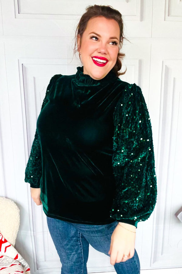 Under the Lights Green Velvet & Sequin Frill Mock Neck Top - Coeur de la Mode