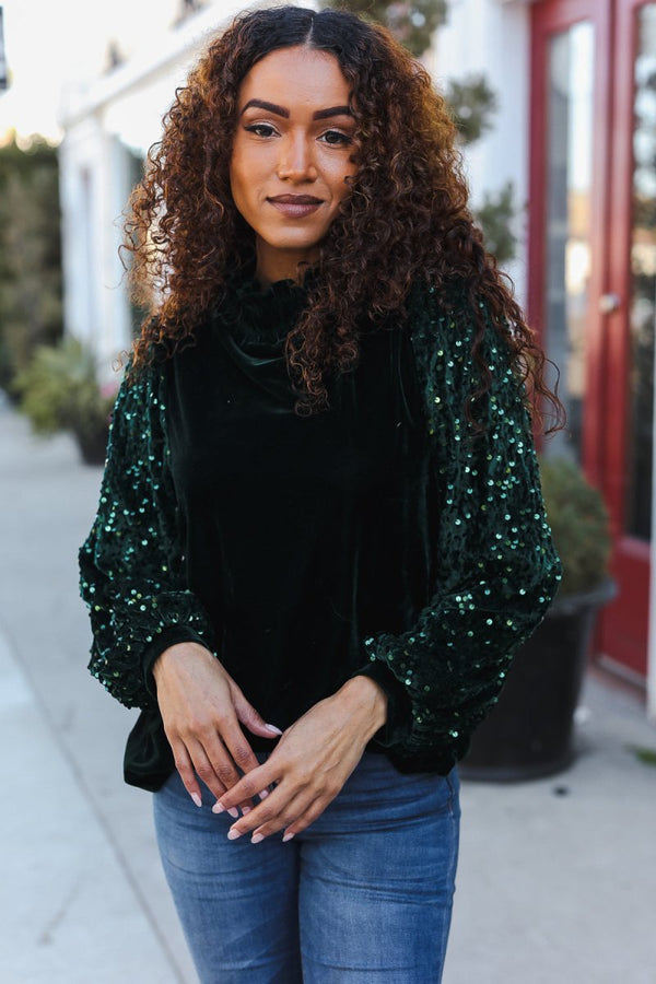 Under the Lights Green Velvet & Sequin Frill Mock Neck Top - Coeur de la Mode
