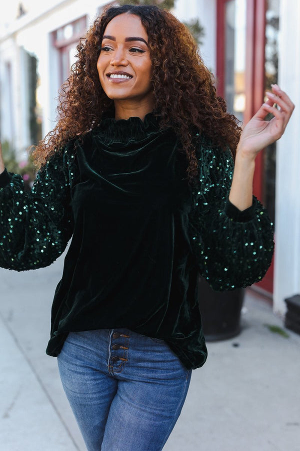 Under the Lights Green Velvet & Sequin Frill Mock Neck Top - Coeur de la Mode