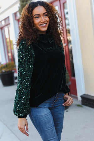 Under the Lights Green Velvet & Sequin Frill Mock Neck Top - Coeur de la Mode