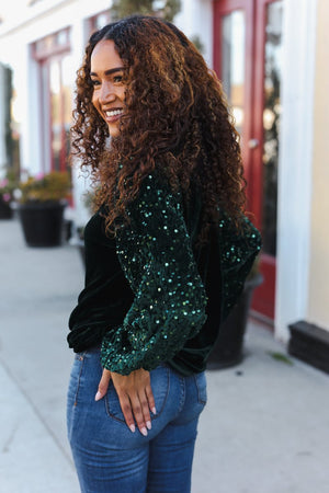 Under the Lights Green Velvet & Sequin Frill Mock Neck Top - Coeur de la Mode