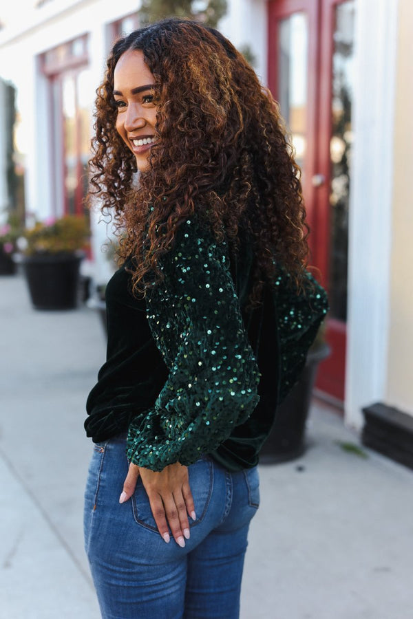 Under the Lights Green Velvet & Sequin Frill Mock Neck Top - Coeur de la Mode