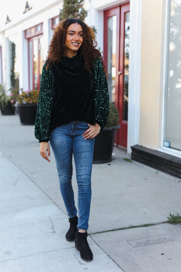 Under the Lights Green Velvet & Sequin Frill Mock Neck Top - Coeur de la Mode