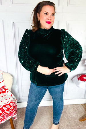 Under the Lights Green Velvet & Sequin Frill Mock Neck Top - Coeur de la Mode