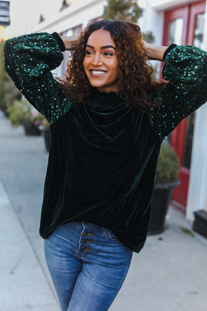 Under the Lights Green Velvet & Sequin Frill Mock Neck Top - Coeur de la Mode