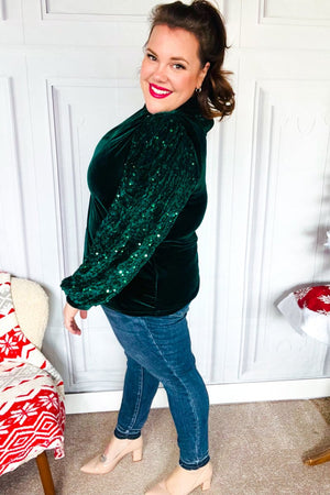 Under the Lights Green Velvet & Sequin Frill Mock Neck Top - Coeur de la Mode