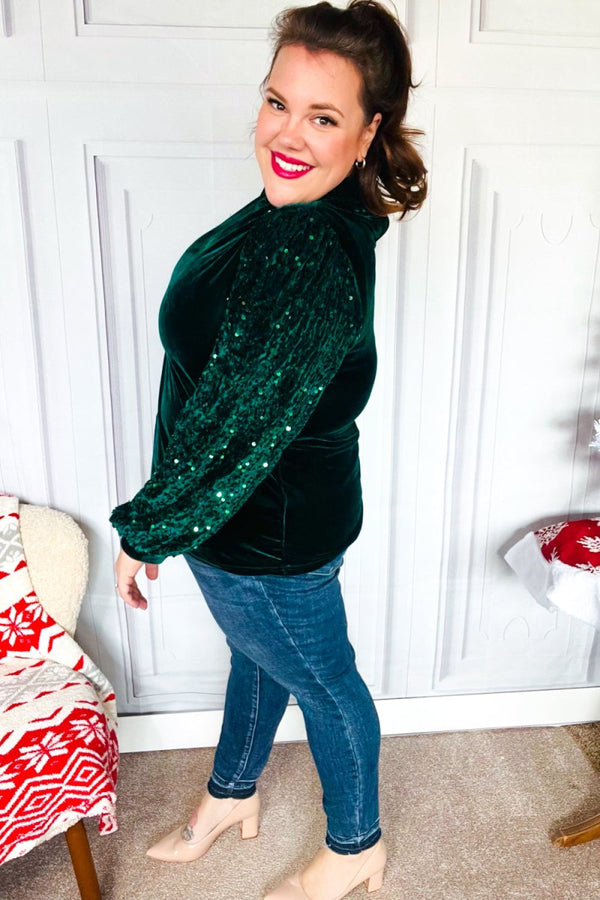 Under the Lights Green Velvet & Sequin Frill Mock Neck Top - Coeur de la Mode