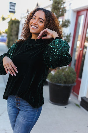 Under the Lights Green Velvet & Sequin Frill Mock Neck Top - Coeur de la Mode