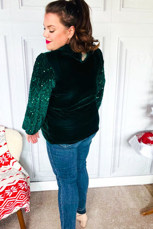 Under the Lights Green Velvet & Sequin Frill Mock Neck Top - Coeur de la Mode