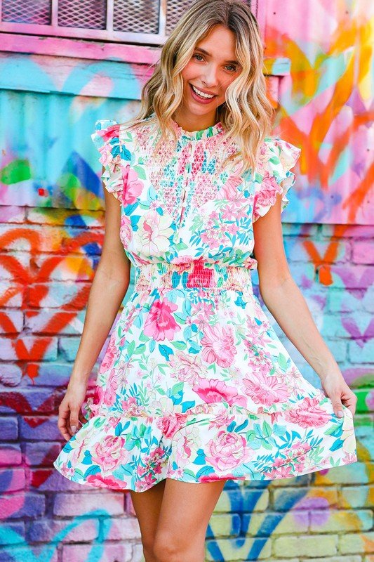 Under Your Spell Floral Smocked Flutter Sleeve Ruffle Mini Dress - Coeur de la Mode