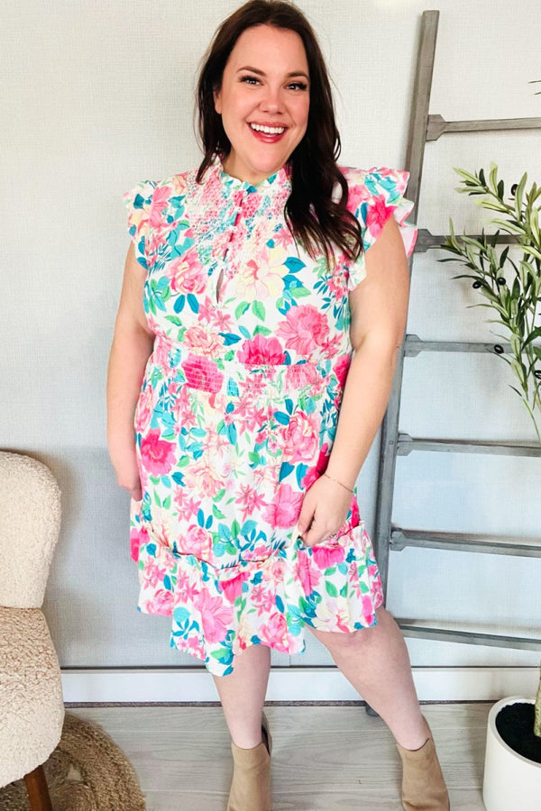 Under Your Spell Floral Smocked Flutter Sleeve Ruffle Mini Dress - Coeur de la Mode