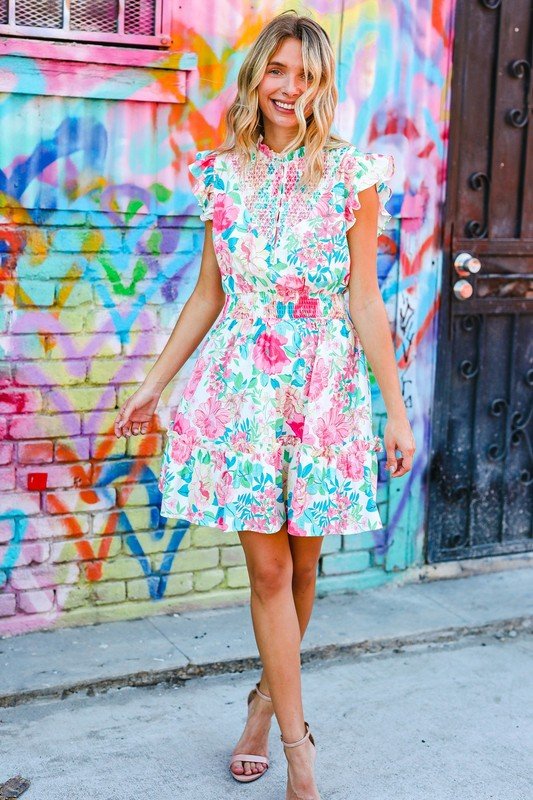 Under Your Spell Floral Smocked Flutter Sleeve Ruffle Mini Dress - Coeur de la Mode
