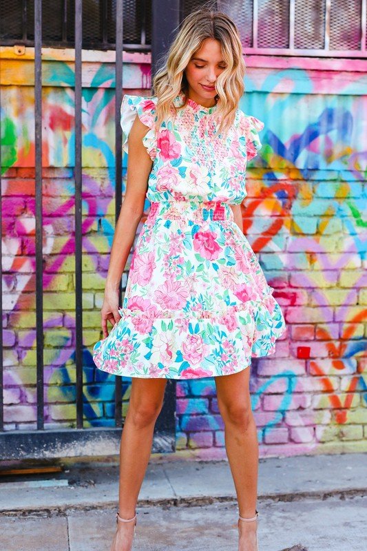Under Your Spell Floral Smocked Flutter Sleeve Ruffle Mini Dress - Coeur de la Mode