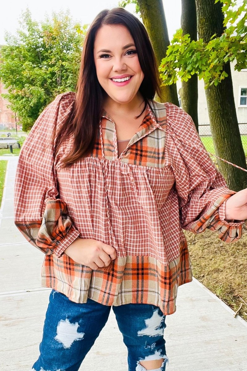 Under Your Spell Rust Plaid Color Block Notch Neck Top - Coeur de la Mode