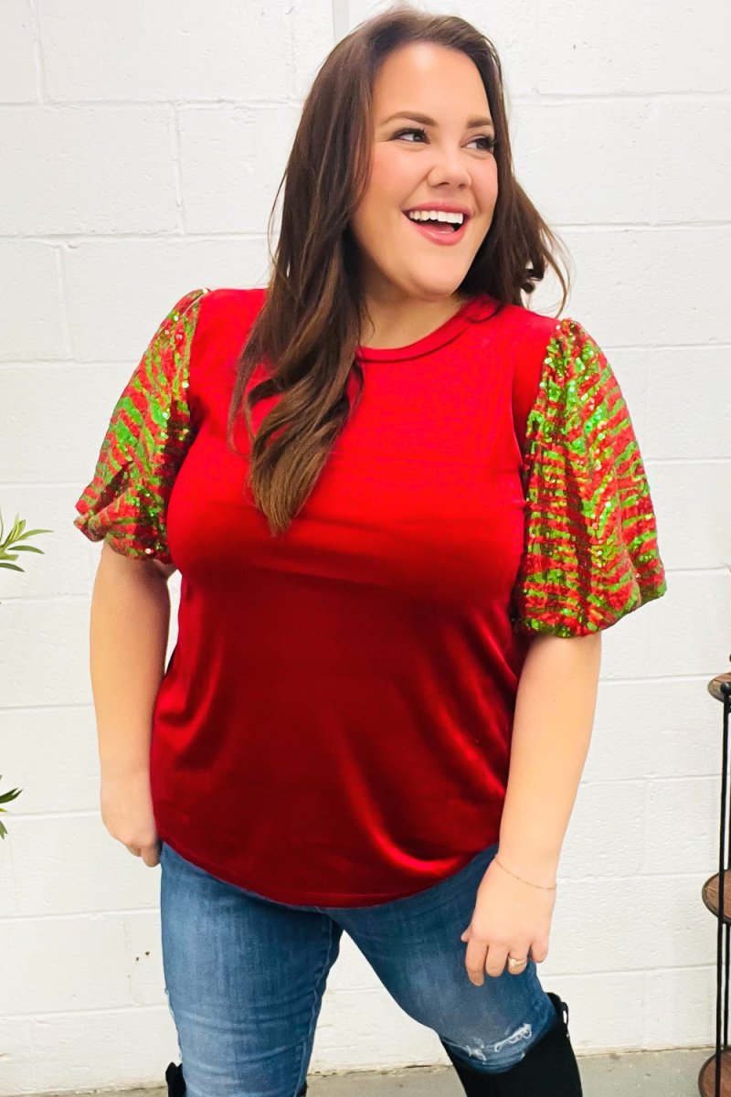 Warmest Wishes Red & Green Sequin Puff Sleeve Velvet Top - Coeur de la Mode