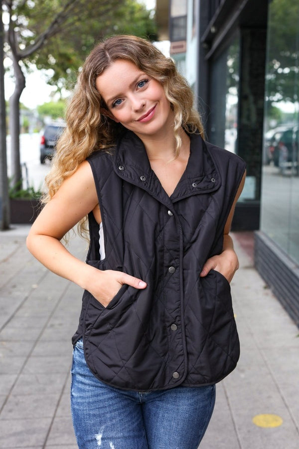 Weekend Ready Black Snap Button Quilted Puffer Vest - Coeur de la Mode