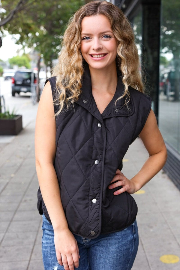 Weekend Ready Black Snap Button Quilted Puffer Vest - Coeur de la Mode