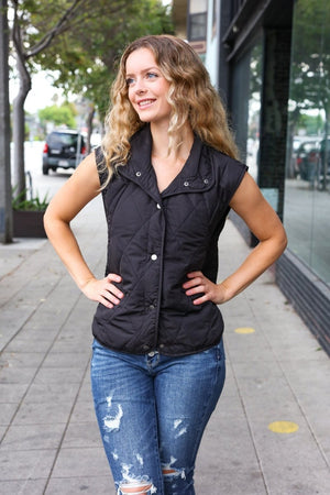 Weekend Ready Black Snap Button Quilted Puffer Vest - Coeur de la Mode