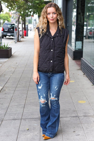 Weekend Ready Black Snap Button Quilted Puffer Vest - Coeur de la Mode