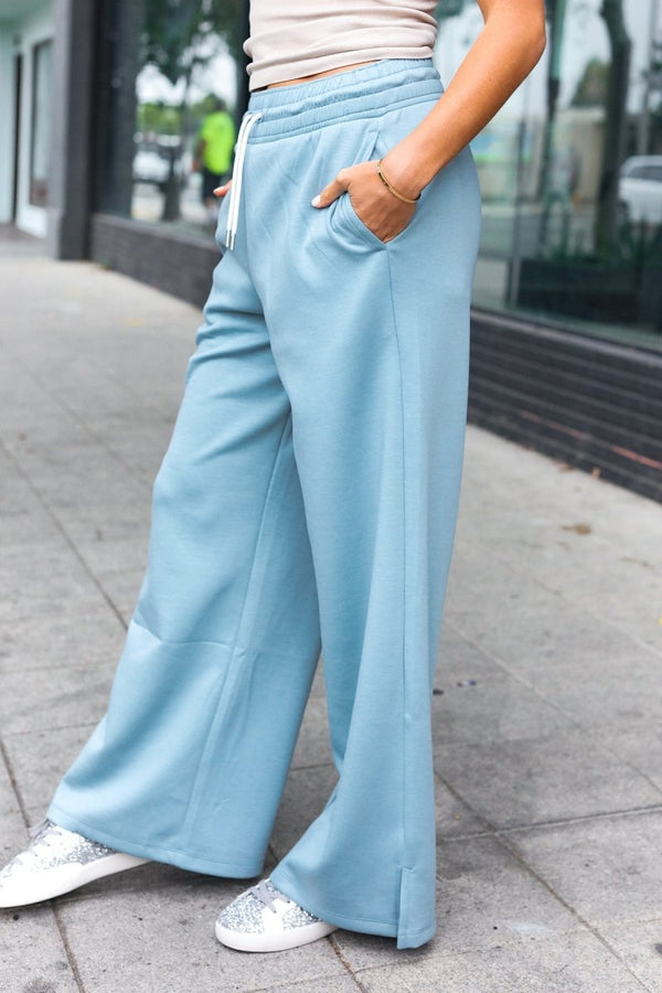 Weekend Ready Blue Grey Scuba Knit Drawstring Wide Leg Pants - Coeur de la Mode