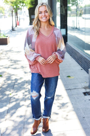 Weekend Ready Rust Argyle Pattern Dolman V Neck Top - Coeur de la Mode